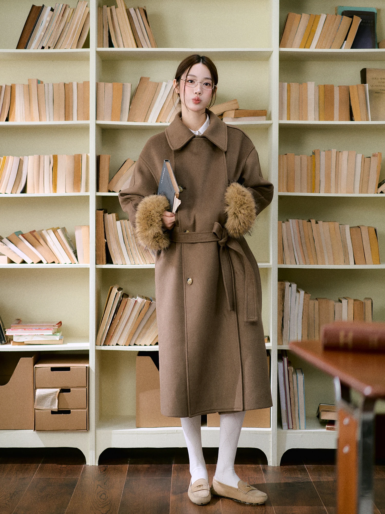 

LaluneDuCiel Wool Blend Fur Coat Women's Ele lectual Medium Length Coat Button Detail Straight Cut Commute Sle