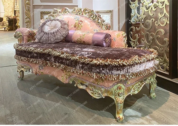 classical solid wood carving flower beauty couch  court style retro embroidery fabric princess chair