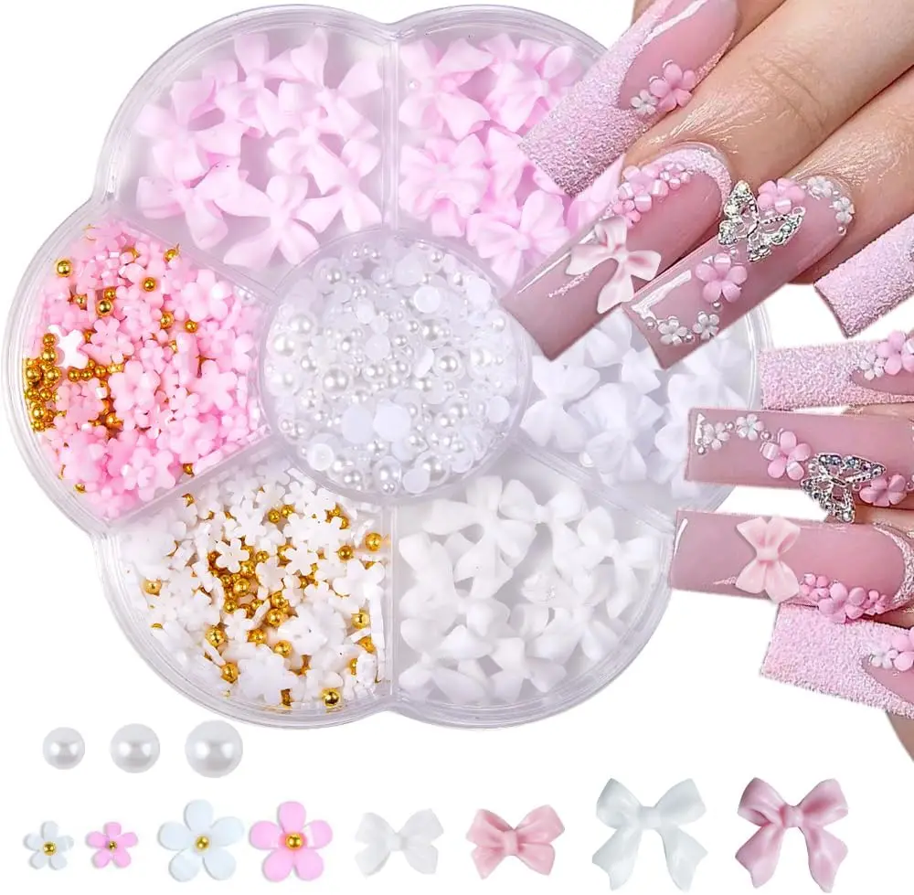 

1Box 3D Bowknot Flower Nail Art Decorations with Steel Beads& Imitation Pearls Ribbon Nail Charms Y2K Bow Manicure Accessories *