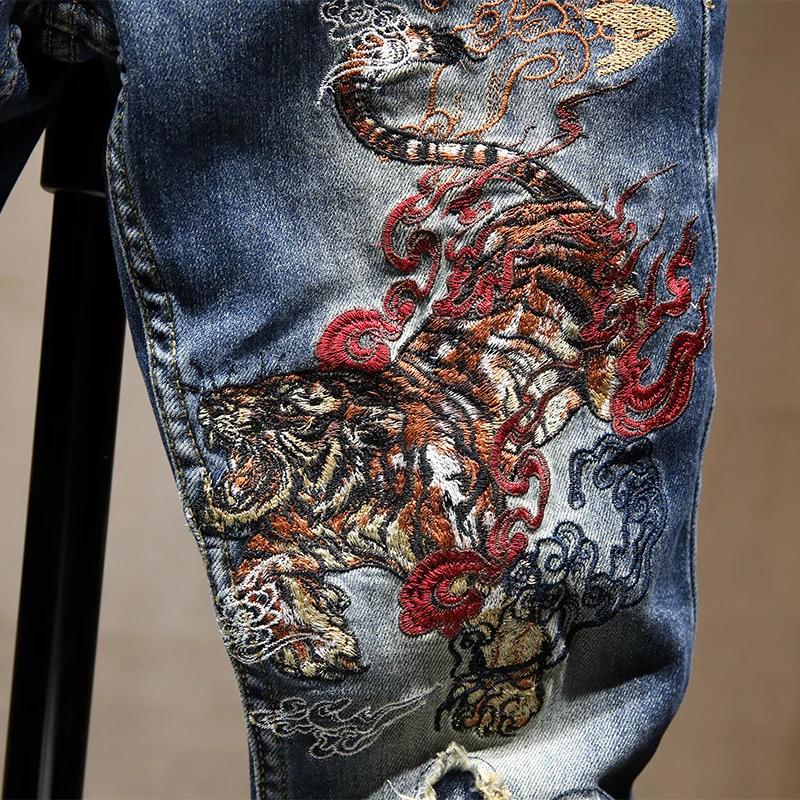 2024 Spring New Chinese Style Embroidery Men's Jeans Slim Fit Ankle Tight Trousers Youth Street Trend Scratch Pants