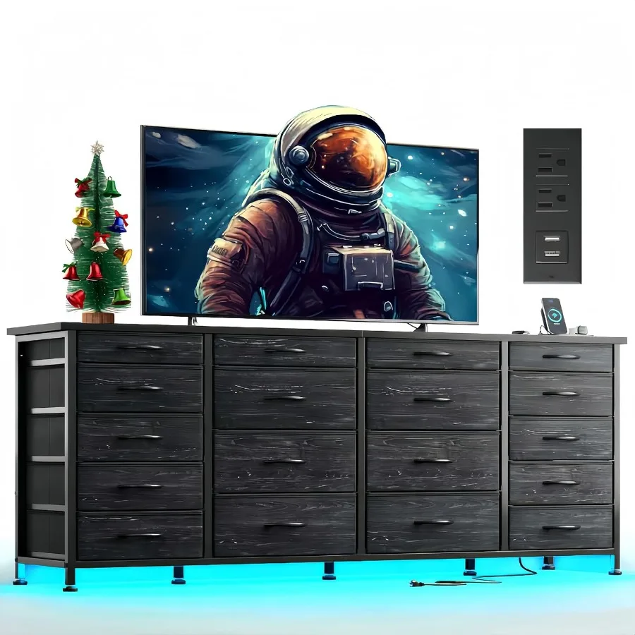 

63 W TV Stand for Bedroom with Light Power Outlets Black Fabric Dresser TV Stand with 18 Deep Drawers for 65 75 TV Storage Furn