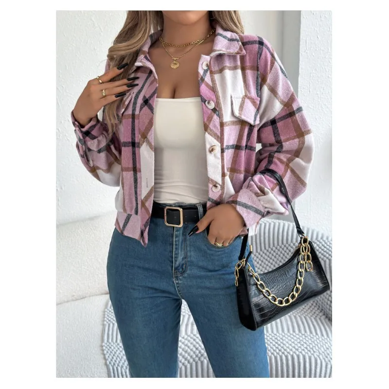 

2025 клетчатый принт с отложным воротником, женский кардиган с длинными рукавами, короткие пальто, осень-зима, однобортные куртки на пуговицах, обычные куртки