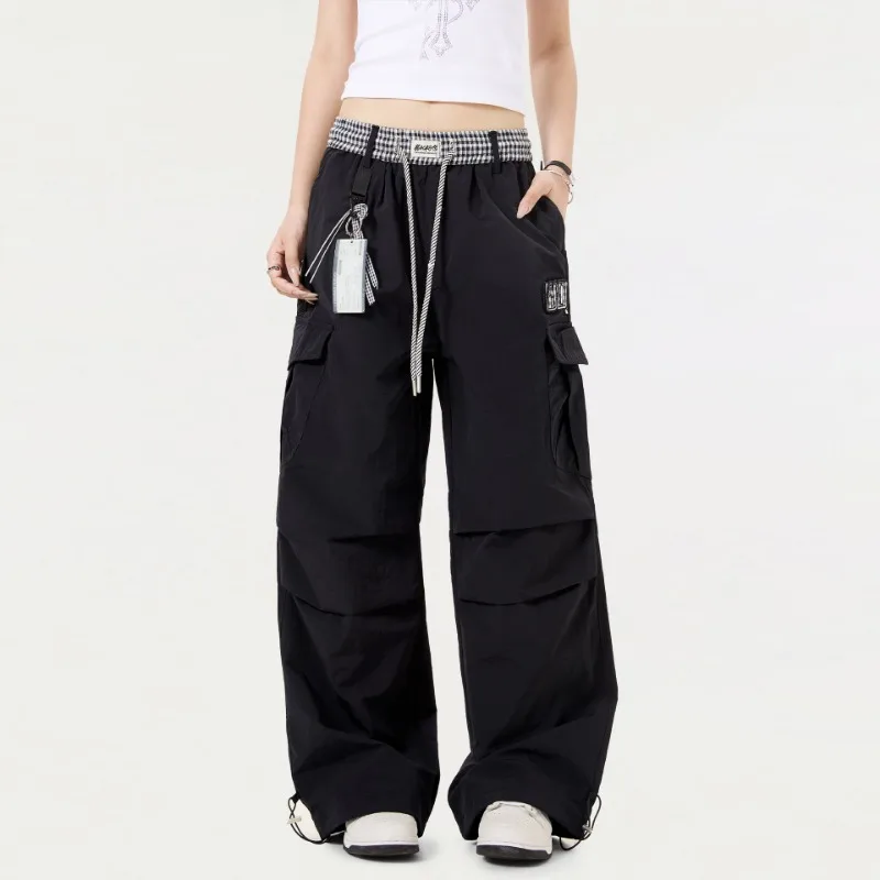 OR FL Checkered Pattern Splicing Leisure Paratrooper Pants Thin Style Retro Versatile High Waist Wide Leg Sports Cargo Trousers