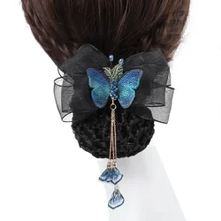 Elegant Ladies Fabric Butterfly Hair Clip Crystal Tassel Hairpin Bun Net Snood Bowknot Hairgrips Hair Accessories for Women