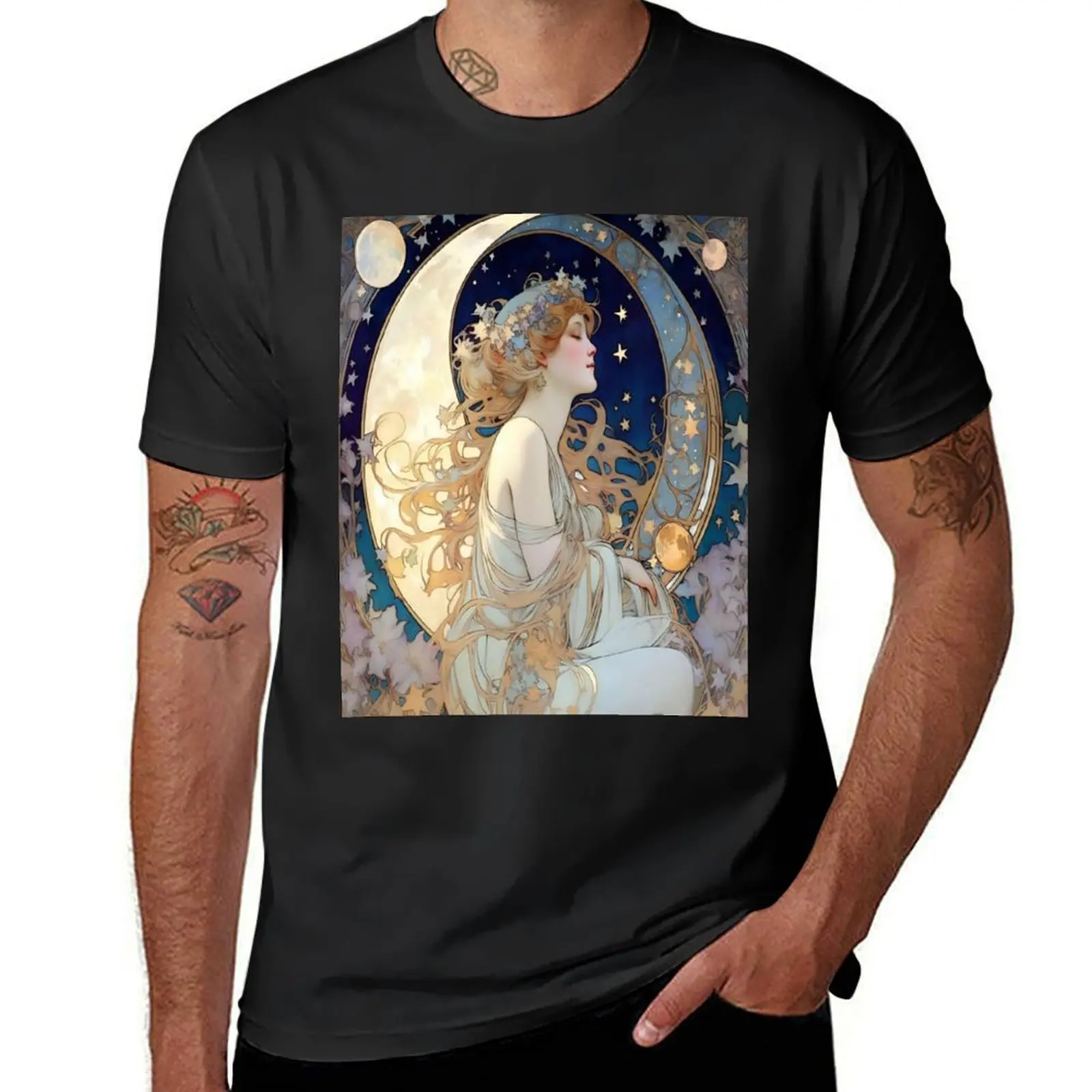 Celestial Dreams Alphonse Mucha Inspired Moon and Stars T-Shirt korean fashion cute tops quick drying men workout shirt