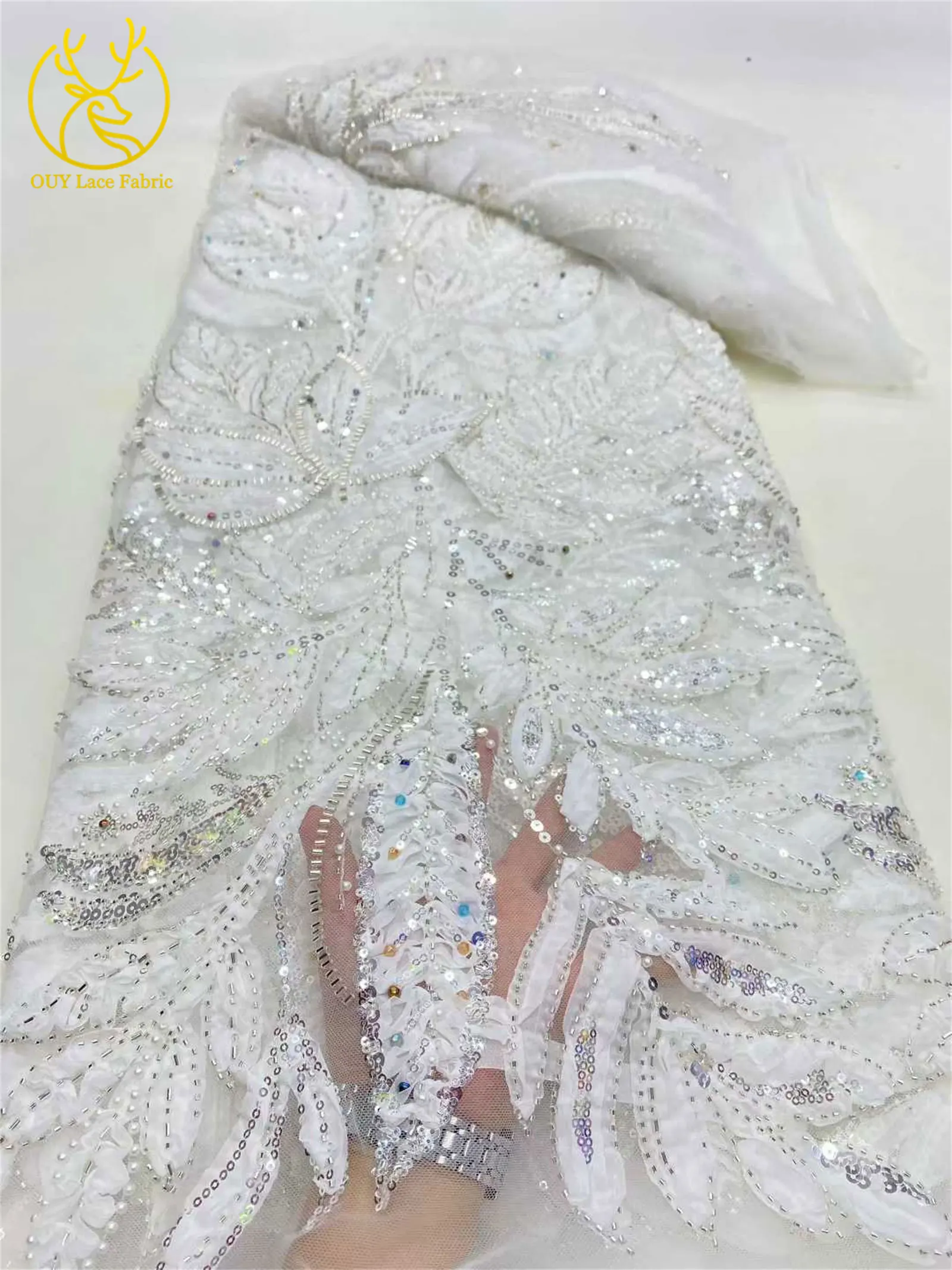 Tessuto di pizzo con perline con paillettes africane 2025 Tessuto di pizzo ricamato 3D francese nigeriano di alta qualità per materiale da cucito per matrimoni