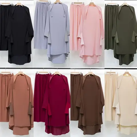 라마단 무슬림 여성 기도복, 이슬람 의류, 머리 위 Khimar 치마 세트, 두바이 터키 아바야 원피스 부르카 니카브 이드 로브, 2 개