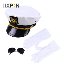 Navy Sailor Costume Accessories Set Yacht Captain Hat Sailor Cap Aviator Sunglasses Flag Raising White Gloves Cosplay Party Set