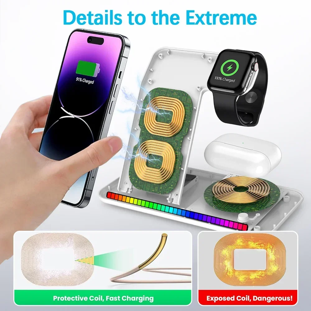 100W Fast Wireless Charger LED 3 ใน 1 สถานีชาร์จแบบพับได้สําหรับ iPhone 16 15 14 13 12 Apple Watch 9 8 7 6 Airpods Pro
