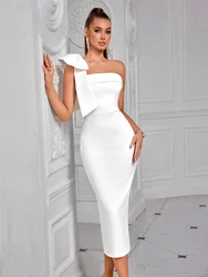 Formal White Evening Cocktail  Party Prom Elegant One Shoulder Wedding Guest  Mid-calf Length Celebrity Women Dresses  Club