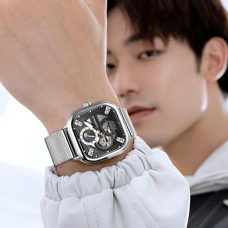 Luxury Men's Automatic Watch with Milanese Strap Square Dial Mechanical Wristwatch with Moon Phase Fashion Boy Reloj