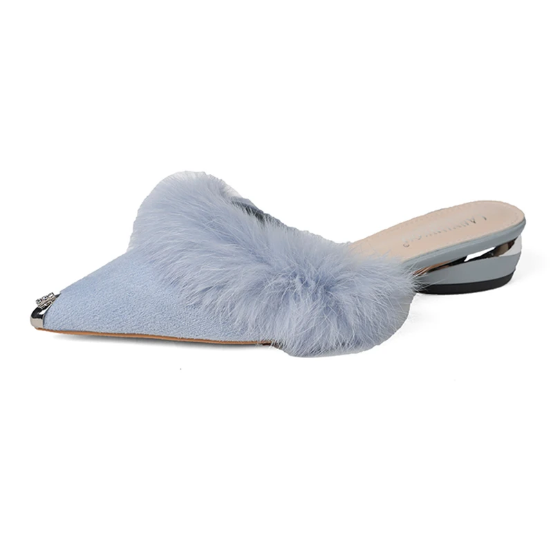 Pointed Toe Sexy Slippers Fur Chunky Shoes Suede Winter 2024 Fashion New Slingback Mules Short Boots Bedroom Female Zapatillas