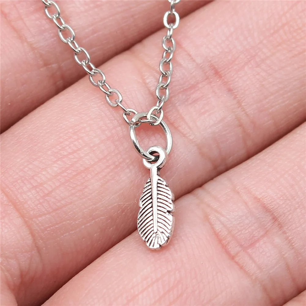 Drop Shipping Antique Silver Color 12x5mm Feather Necklaces Short Chain Choker Necklaces