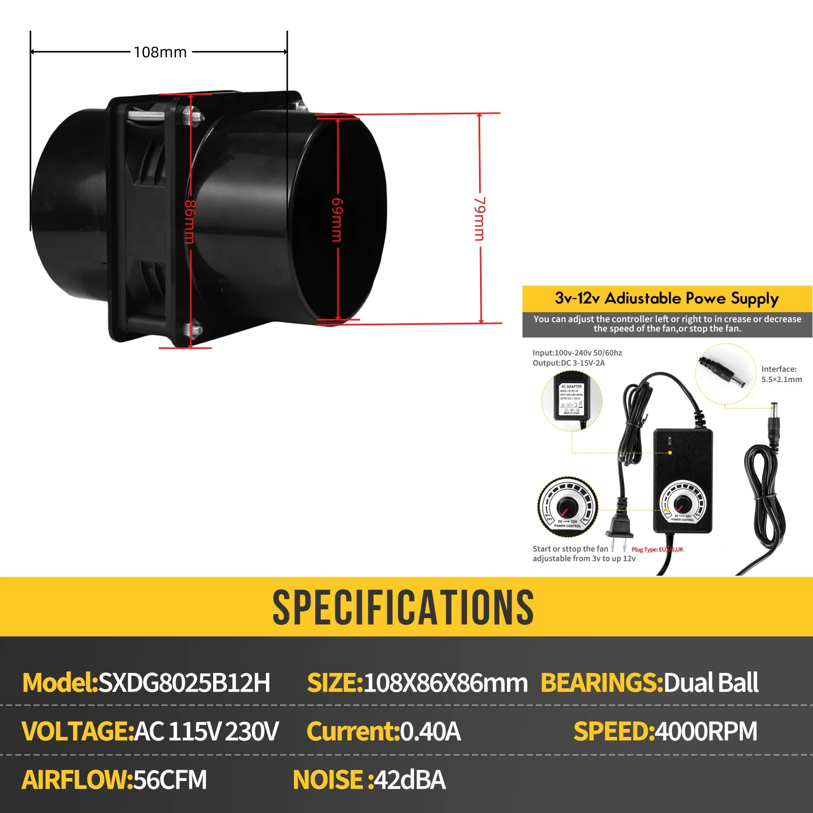 AC 115V 230V Wentylator chłodzący Wysoki przepływ powietrza Wentylator wentylacyjny 108X86X86mm 56CFM Regulowana prędkość Kanały Wentylatory wyciągowe