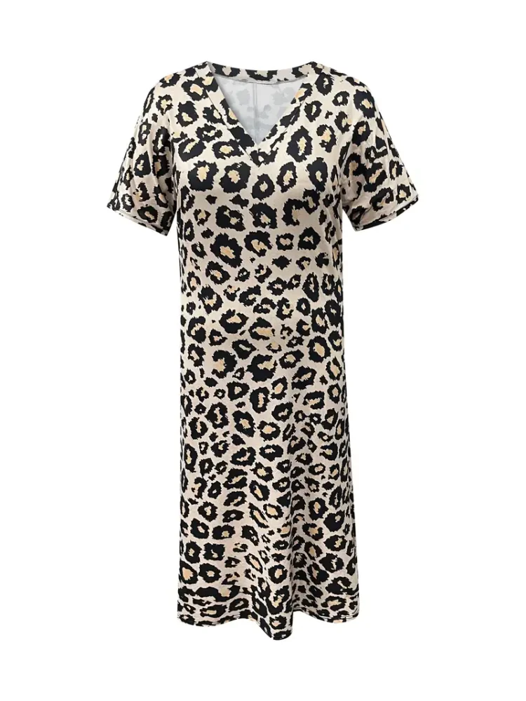 Plus Size Leopard Print Slit Dress Casual V Neck Short Sleeve Dress For Spring & Summer Odzież damska Plus Size