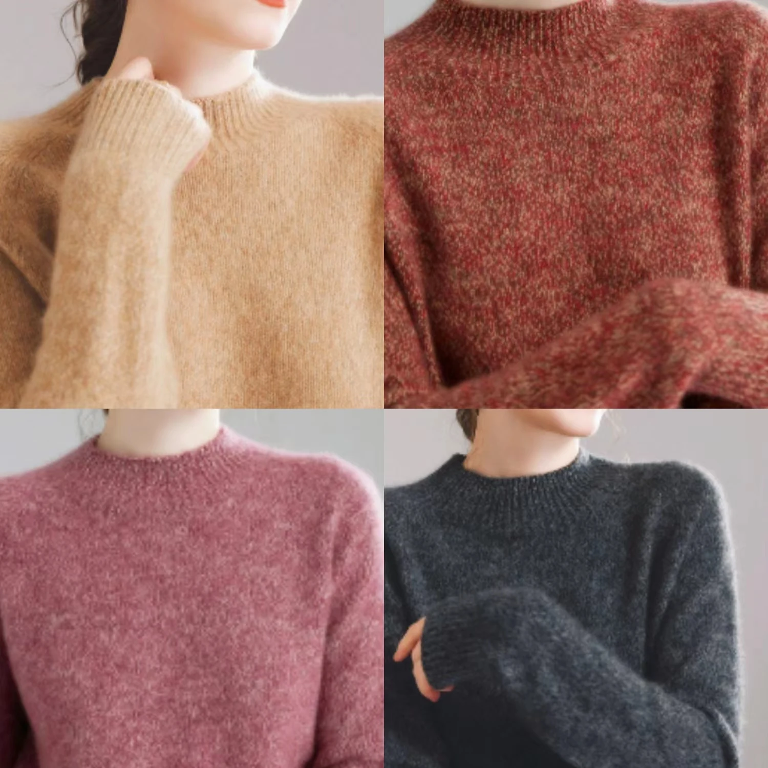 

Thick Sweater Women Pure Cashmere Mock-neck Pullover Vintage Casual Autumn Winter Grace Solid Tops 100% Cashmere Knitwear Top