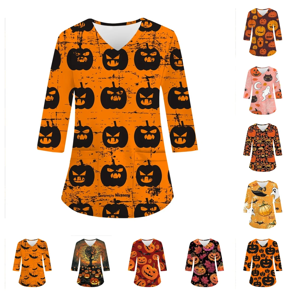 Women Halloween Print Nurse Uniform 3/4 Sleeve Scrub Uniform V-neck Blouse Tops Pocket Carers Pet Grooming Work Wear Medical Uni