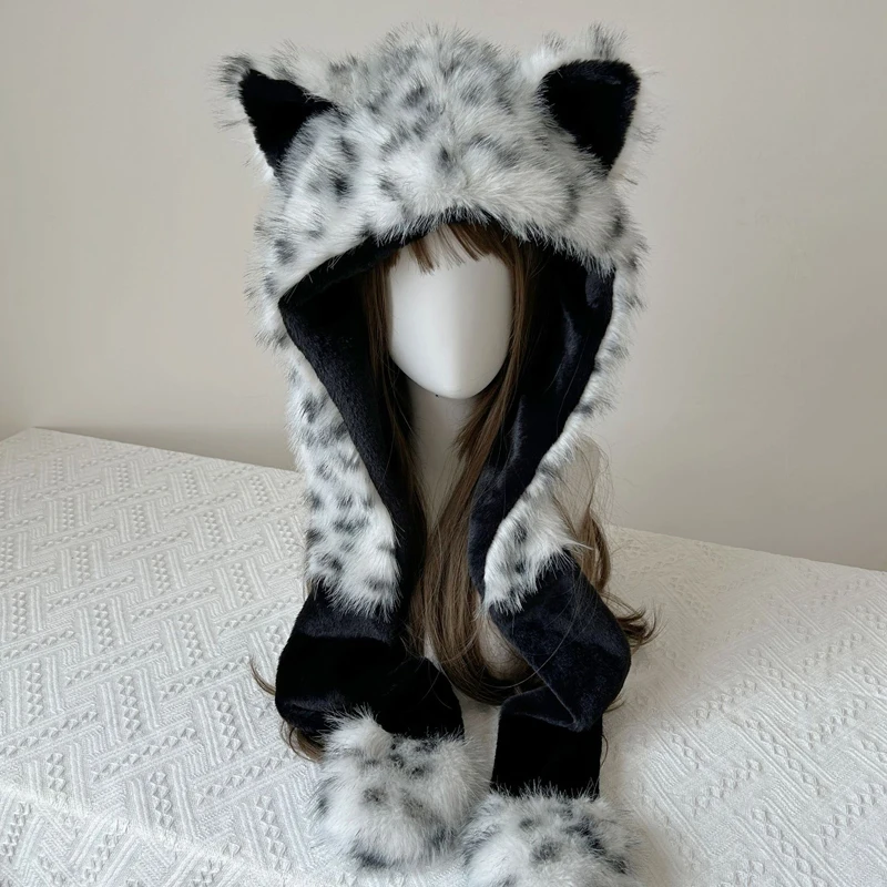 1PC Winter Snow Leopard Print Hat Kawaii Plush Boots Socks Cover Gothic Cap Leg Warmers Performance Costume Bomber Hats