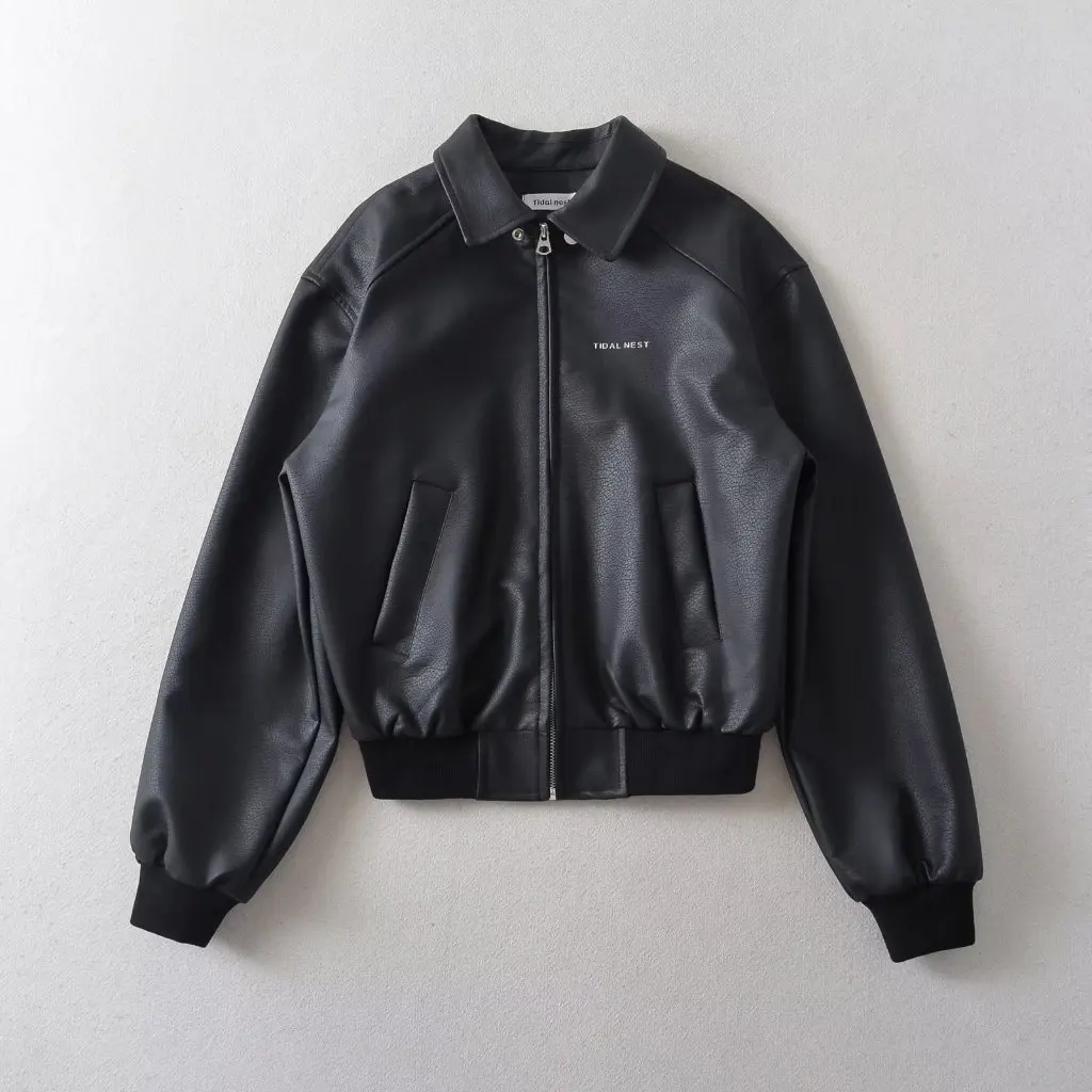 Women's Loose Lapel Leather Coat Motorcycle Style PU Leather Black Jacket Autumn Winter Fashion Top for Ladies