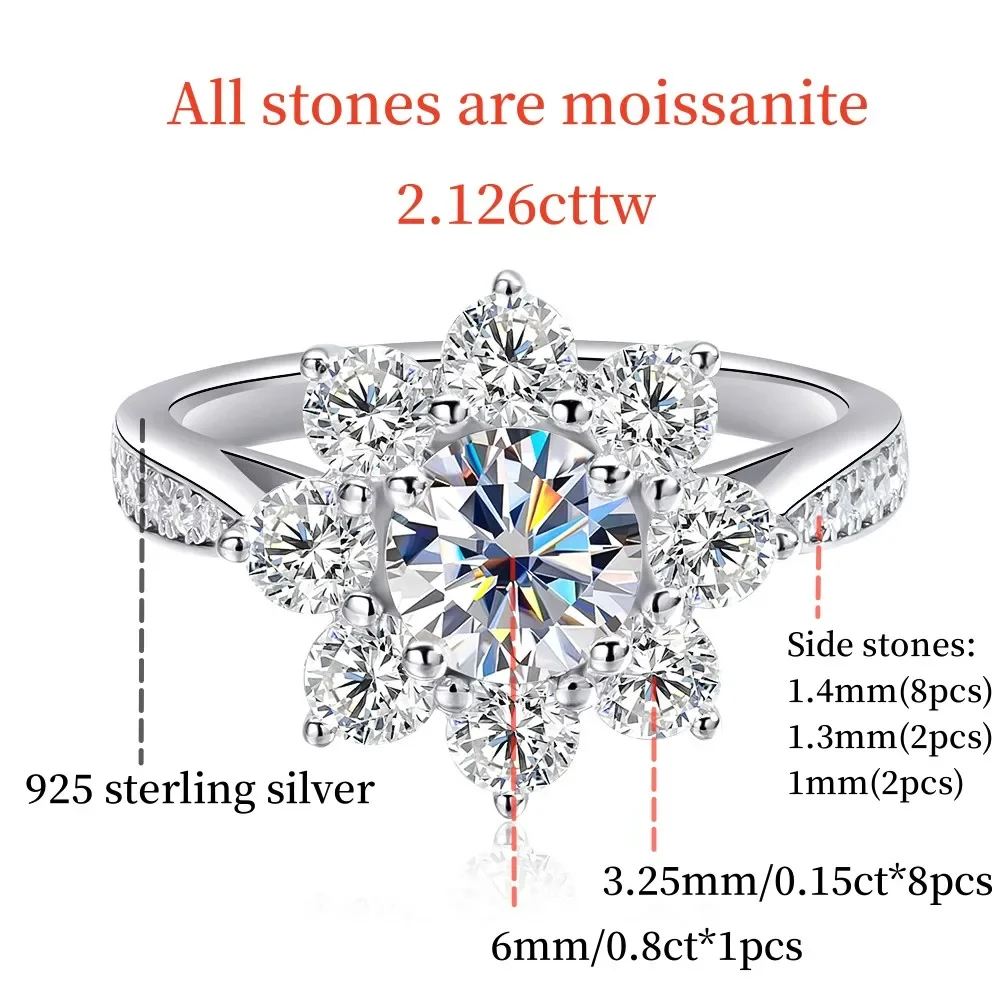 6MM D Color Sunflower Full Moissanite Rings 2.126cttw S925 Sterling Silver Wedding Engagament For Women With GRA Jewelry