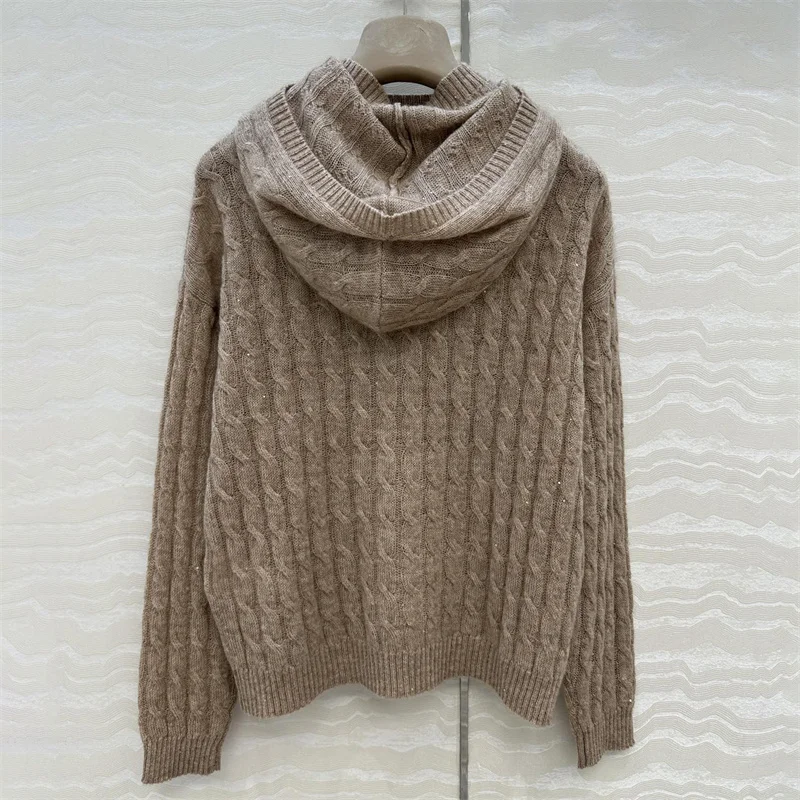 2025년 가을 여성용 신상 신축성 니트 슬림핏 후드 풀오버 울 혼방 니트웨어 스팽글 혼방 긴팔 상의