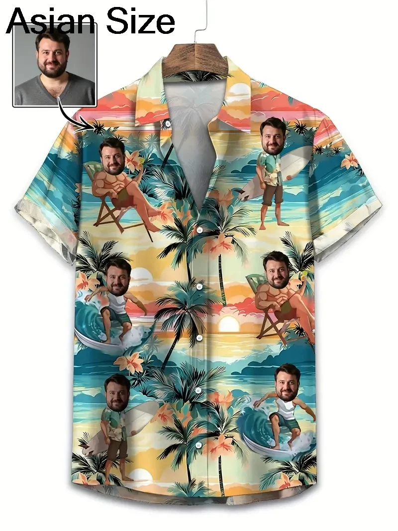 2025 Hawaiian Shirts Custom Unisex 3D Printed Funny Face Personalized Men's Beach Shirts Lapel Short Sleeves Female Shirt Tops