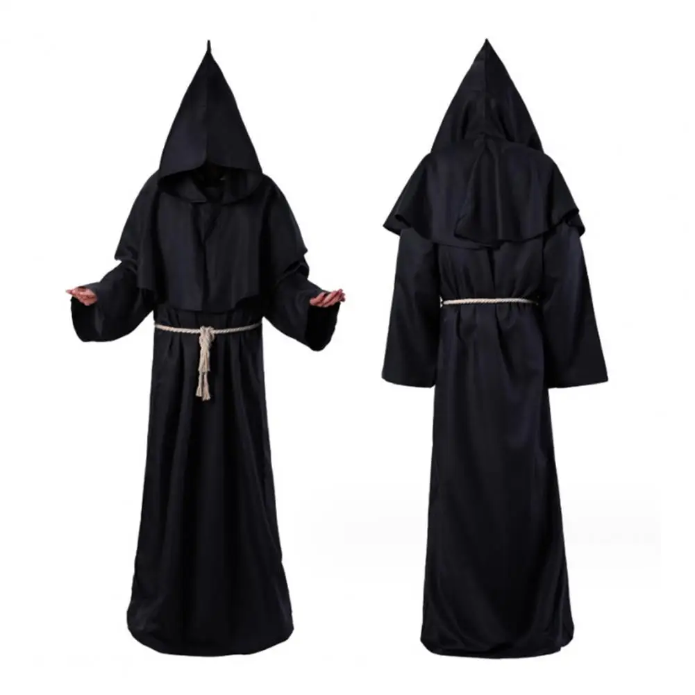 Unisex Halloween Outfit Monk Witch Pastor Halloween Cosplay Costume Set with Hooded Robe Belt Necklace for Parties Performances