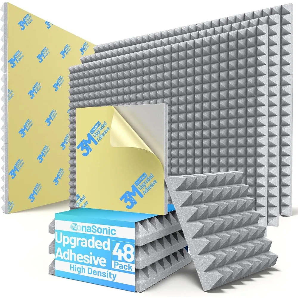 48-pack geluidsdichte schuimplaten voor muren, 2"x12"x12" akoestische panelen met hoge dichtheid voor geluidsreductie in studio's - grijs