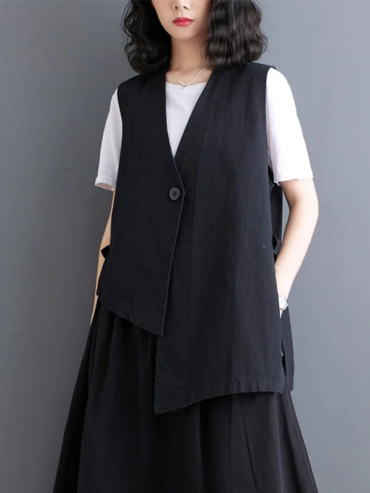 디자인 센세이션 비대칭 코튼 린넨 베스트 여성 여름 루즈핏 V넥 캐주얼 아우터웨어 숄더 패드 탑