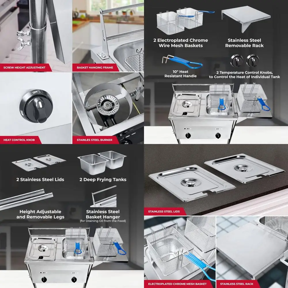 

Double Tank Propane Deep Fryer with Thermometer, Stainless Steel Baskets, and Lid Covers | Large Capacity with Temperature Contr