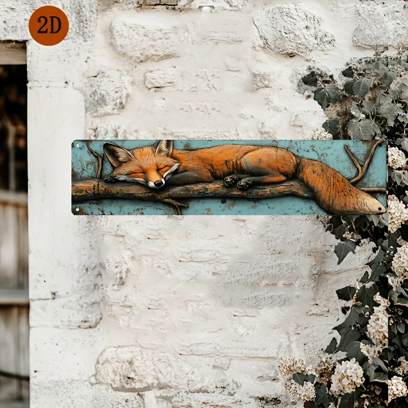 Vintage Fox Wall Art Sign - Rustic 2D Plane Decoration with Autumn Leaves, Teal Background & Red-Brown Fox Design
