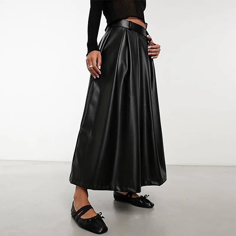 

Women's False Leather Pleated Long Skirt PU Matte Mid Waist Elegant Midi Skirts Fashion Loose Casual Large Swing New 2024