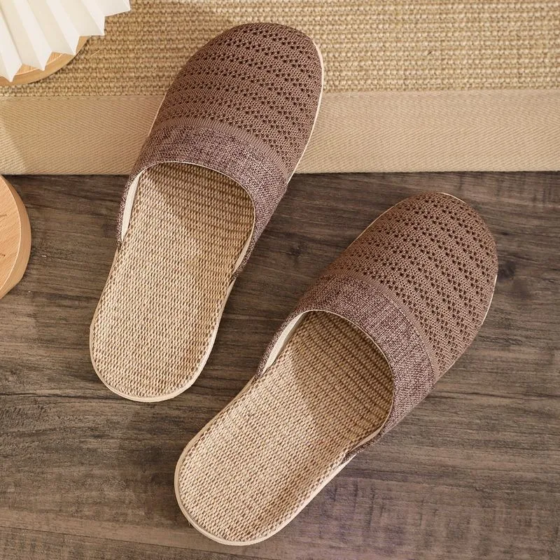 Men's Cotton Linen Woven Openwork Slippers Indoor Non-slip Soft Thick Sole Closed Toe Home Summer Korean Style