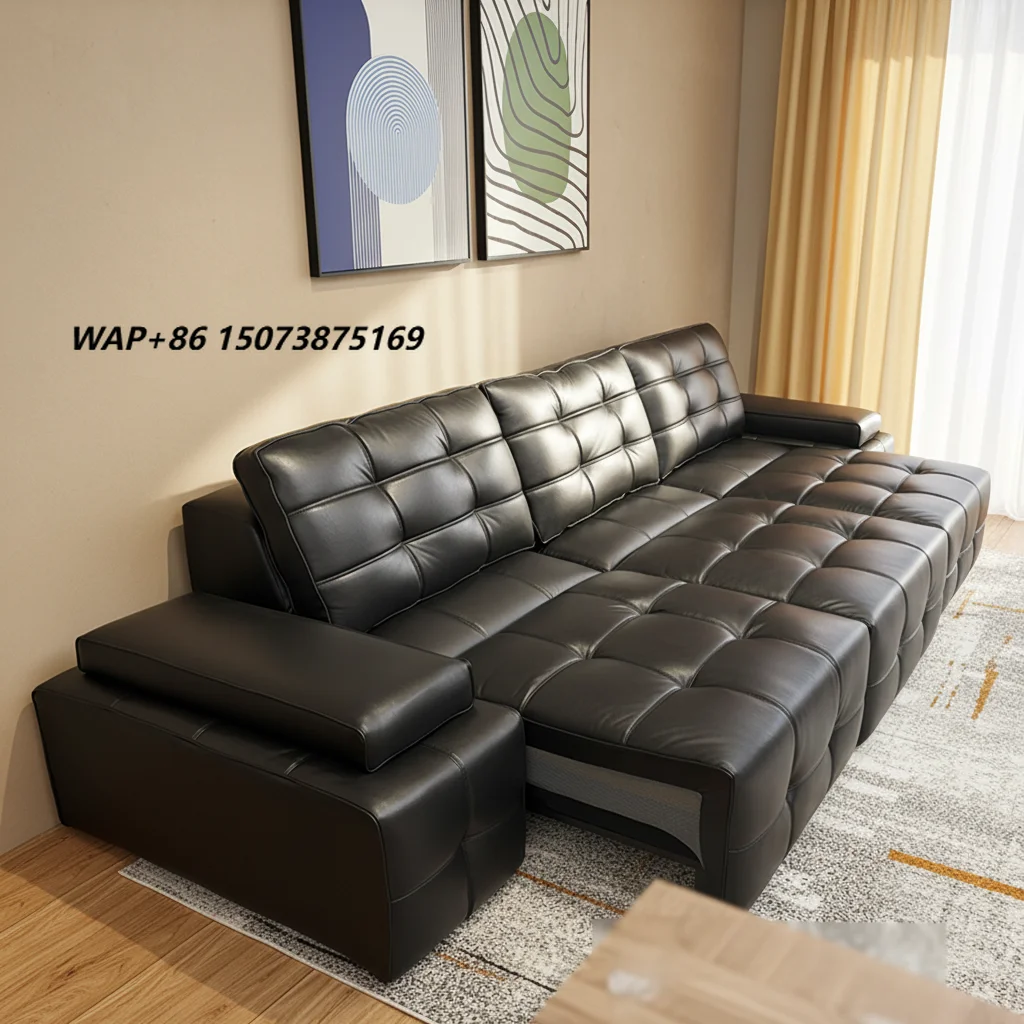 Modern Smart Home Electric Black Extendable Sofa Bed Leather Sofa Set High Back Large Sitting Deep Function Retractable Sofa