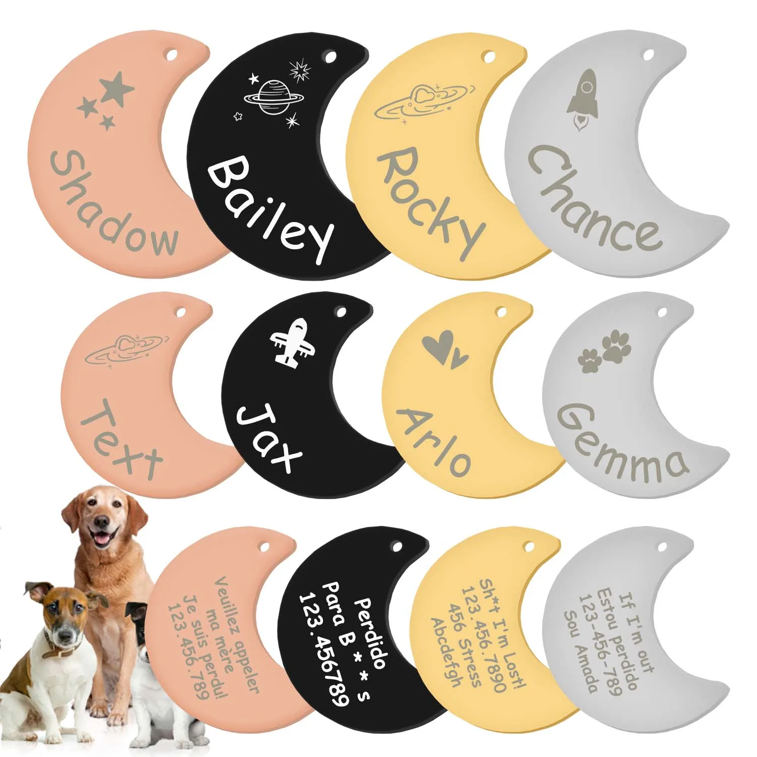 Personalized Moon Pet ID Tags Star Pattern Dog Cat Tag Custom Name Number Dog ID Collar for Puppy Kitten Pet Accessories