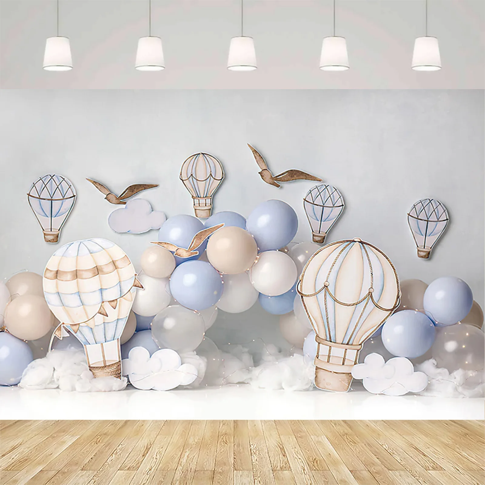 Hot Air Balloon Photography Background, Blue Sky, White Cloud, Bird, Boy Birthday Backdrop, Party Decor, Cake Smash Photozone