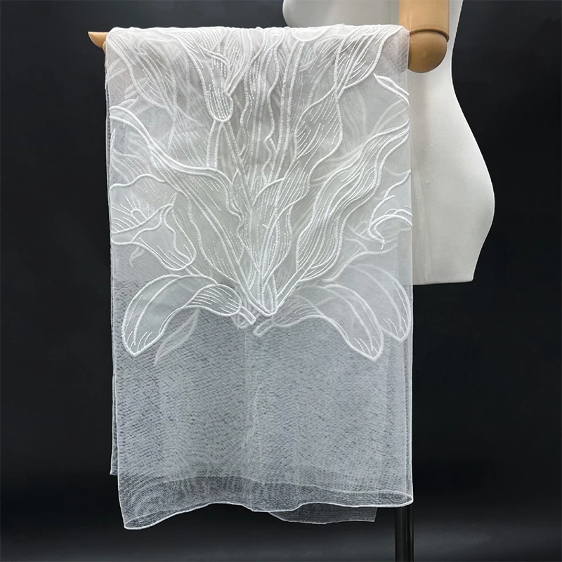 91x125cm Milk Silk Floral Embroidery Tulle Fabric White  Mesh Lace Cloth for Wedding Bridal Dress DIY Sewing Garment Material view 5