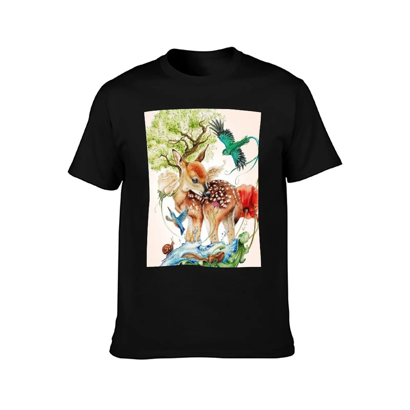 Deer with birds by Maria Tiqwah T-Shirt anime t shirts hippie clothes mens designer clothes