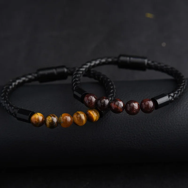 Fashion Men Bracelet Natural Yellow Tiger Eyes Beads Braided Leather Stainless Steel Magnetic Clasp Bracelets Male Jewelry Gift