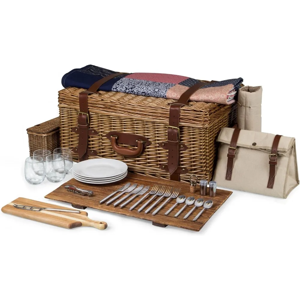 Charleston Luxury Wicker Picnic Basket for 4 with Blanket and Deluxe Set, Beige Canvas