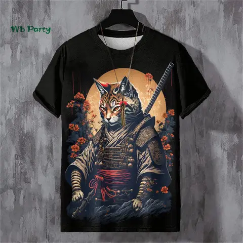 Cat Samurai Pattern Men's T-Shirt 3D Funny Animal Print Short Sleeve T-Shirt Harajuku Top Summer Men's Oversized Casual Clothing