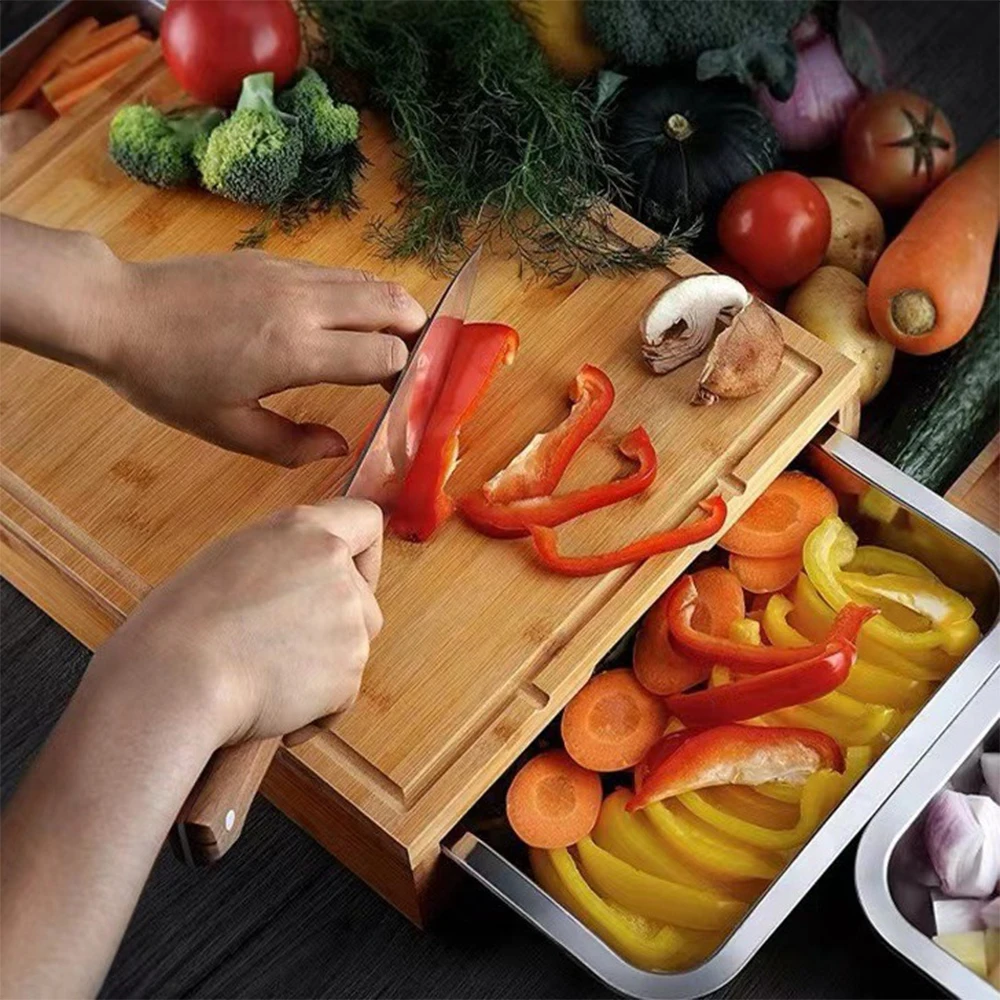 40x29cm Bambus-Schneidebrett mit Schiebeschubladen, Umweltfreundliche und Messerbeständige Oberfläche zum Schneiden von Gemüse, Fleisch und Obst in der Küche oder als Geschenk