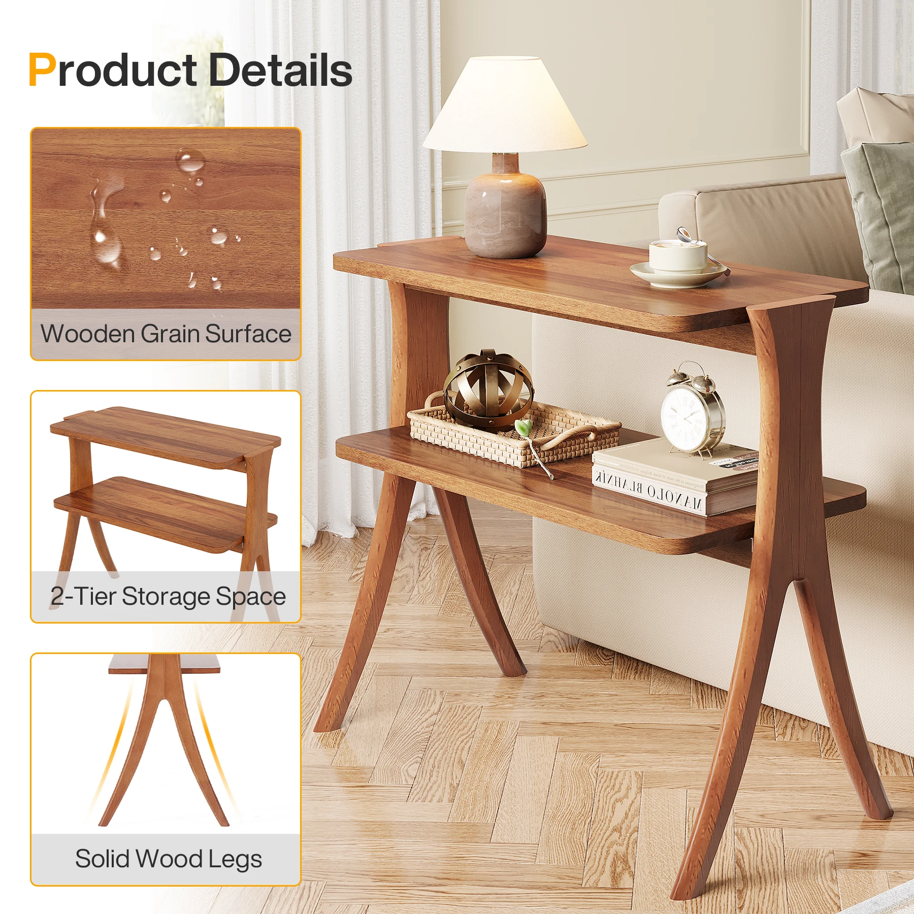 Tribesigns Walnut Side Table for Living Room, Narrow End Table with 2-Tier Storage Shelf and Solid Wood Legs, Slim Bedside Table image 6
