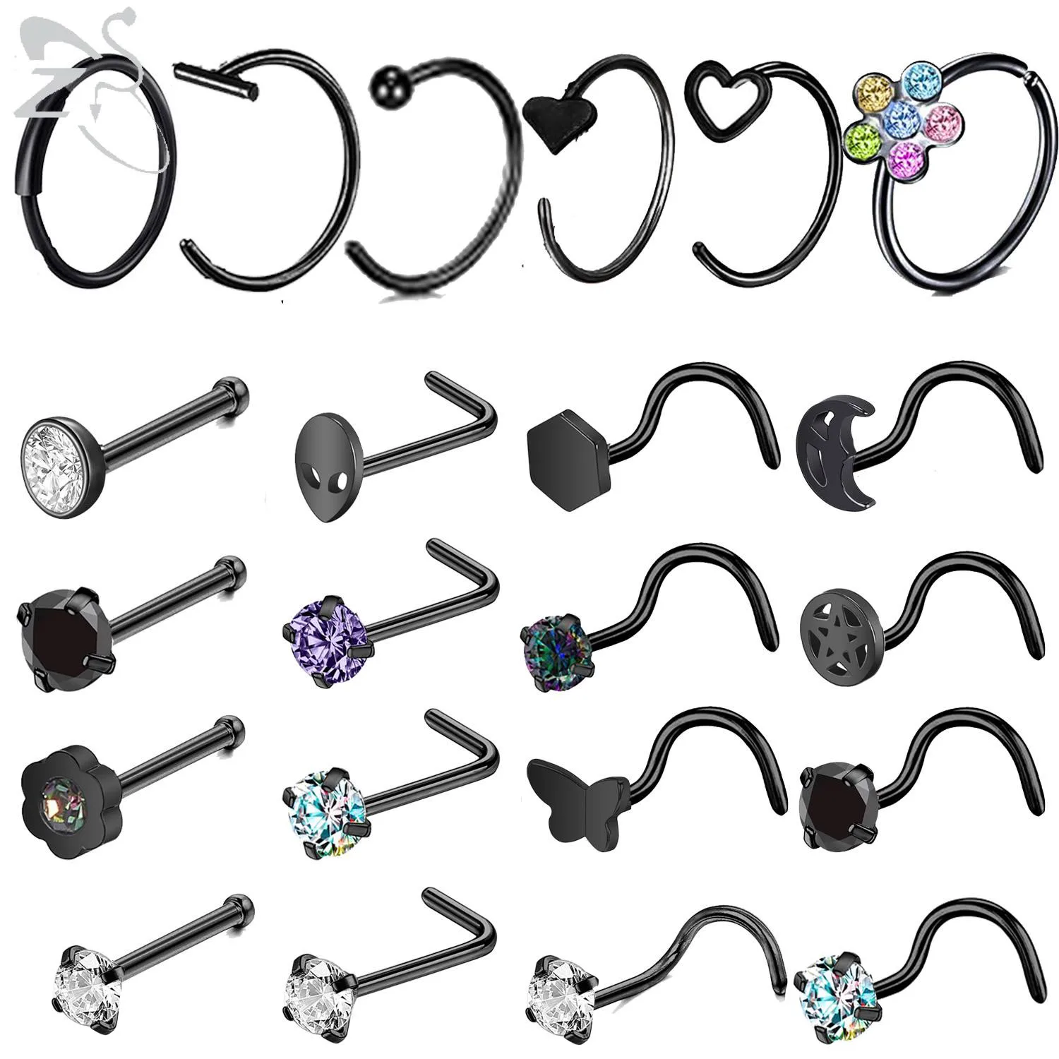ZS 6-8 unids/lote 316L anillos redondos de acero inoxidable para la nariz aro de estrella de cristal anillos para tabique Color negro oreja hélice Tragus Piercings 20G