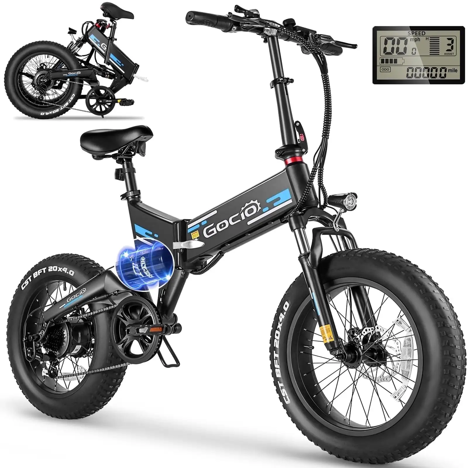 

500W Foldable Electric Bikes, 48V 10.4AH Removable Battery, 20MPH, 7-Speed, 20"x4" Fat Tire E-bike, Full Suspension
