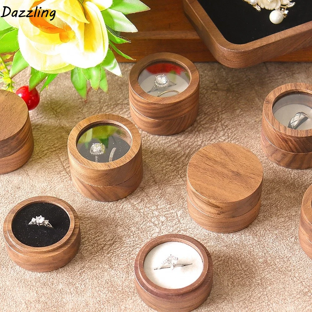 1/2 Slots Walnut Wood Rings Holder Round Luxury Transparent Lid Rings Box Storage Anti-collision Jewelry Organizer