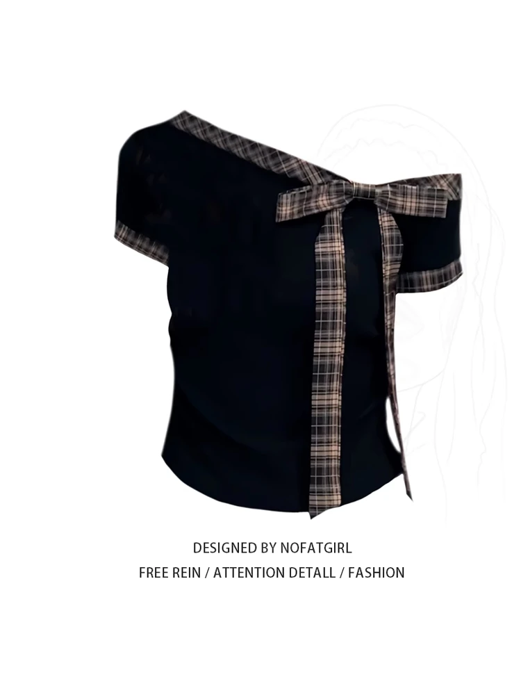 Damska bluzka plus size w stylu słodko-pikantnym z wiązaniem na ramieniu, letnia bluzka w stylu vintage z patchworkiem w kratę, koreański styl...