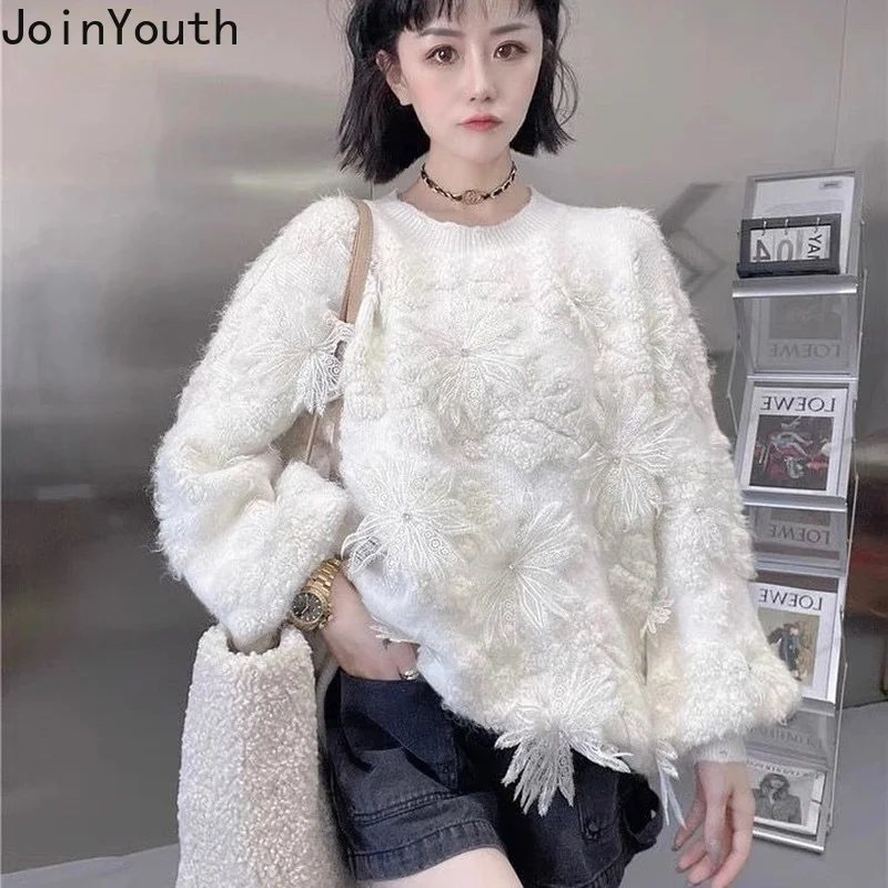 Oversized Pullovers Tops Women Clothing 3D Floral Diamond Knitwear Jumper Sueter De Mujer Loose Casual Korean Sweater Jacket