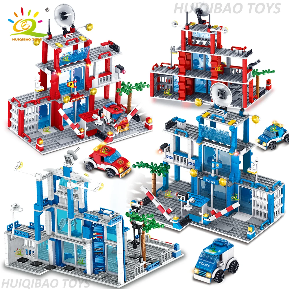 HUIQIBAO City Police Fire Station Building Blocks Set Boys DIY Car Fire Engine Figures Bricks Educational Toys for Children Gift