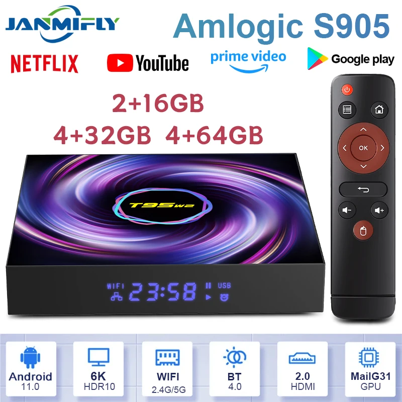 T95 W2 Smart Android TV Box TV Amlogic S905 6K@30fps 100M/LAN Dual Wifi2.4G/5G BT4.0 Google Assistant Media Player Set Top Box